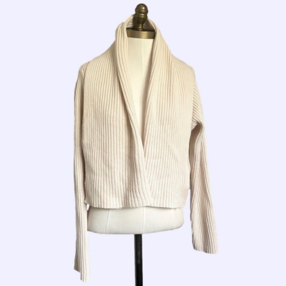Eileen Fisher Ivory Ribbed Merino Wool Open Cropped Cardigan - M/L